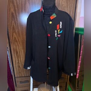 Vintage 80s 90s graphic embroidered print button up black tunic w/ colorful pops